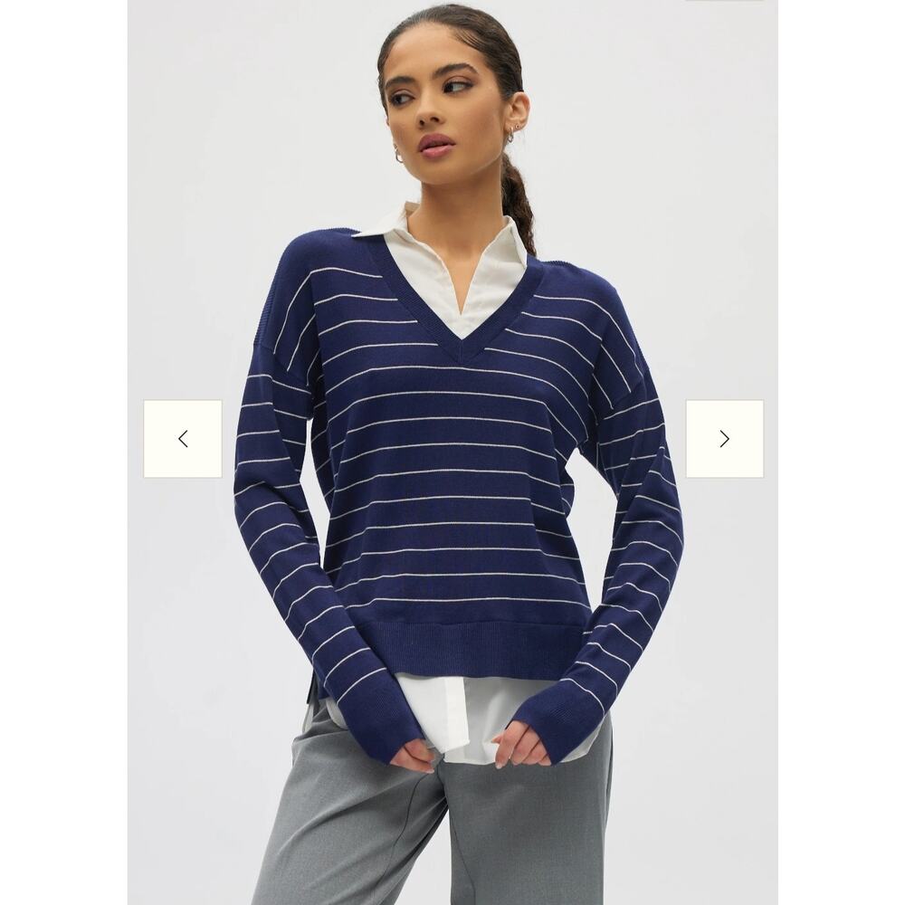 NEW Hilary Radley V-Neck Sweater Top Combo in Blue & Off-White Stripes(Size: XL)